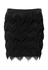 Svart kjol med lager av fransdetaljer som visar ett vågigt mönster. Tillverkad av textil med struktur, har den en figurnära midja och en fåll över knäna.