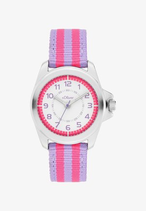 Kinderarmbanduhr mit silbernem Gehäuse, weißem Zifferblatt, lila Zahlen, rosa und lila gestreiftem Textilarmband, zeigt 10:09:37.