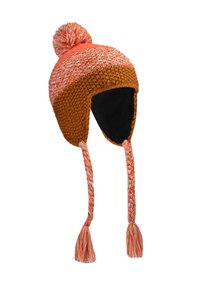 Knitted winter hat with a pom-pom, featuring orange and brown colors, ear flaps, and braided ties ending in tassels. Soft interior lining.