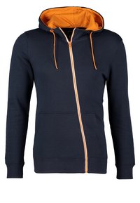 Sweat à capuche zippé bleu marine avec doublure orange, cordons orange, manches longues, poches avant et poignets côtelés.