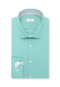 Helltürkisfarbenes Hemd aus strukturiertem Stoff, mit einem Kragen und Manschettenfutter in geometrischem Muster, weißen Knöpfen und einer Brusttasche.
