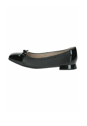 Black leather ballet flats with a glossy toe cap, small heel, and a decorative bow accent on the vamp. Smooth texture, classic design.