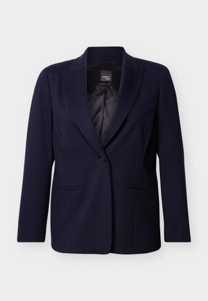 Marineblå skreddersydd blazer med enkelt knappelukking, hakkede slag, lange ermer og to horisontale frontlommer, fullt foret innvendig.