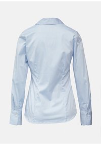 Blue and white striped button-up shirt featuring long sleeves, a classic collar, and curved hem with cuff details. Smooth fabric texture.