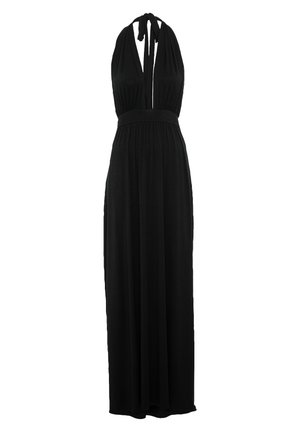 Svart halterneck maxikjole med dyp V-hals. Myk stoff henger løst, med en innsnevret midje og flytende skjørt. Ingen mønstre eller detaljer.
