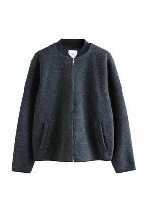 Dunkelgraue Bomberjacke mit Reißverschluss, geripptem schwarzen Kragen und zwei vorderen Schlitztaschen, aus strukturiertem Wollmischgewebe gefertigt.