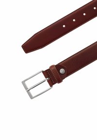 Cintura in pelle marrone con una fibbia rettangolare in argento, caratterizzata da cuciture a contrasto e molteplici fori per la regolazione. Texture liscia.