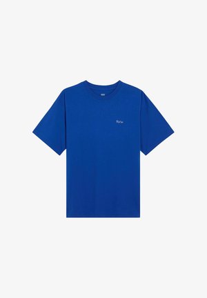 Blue cotton t-shirt with short sleeves and a round neck. Features small white text "Paris" on the left chest. Smooth texture.