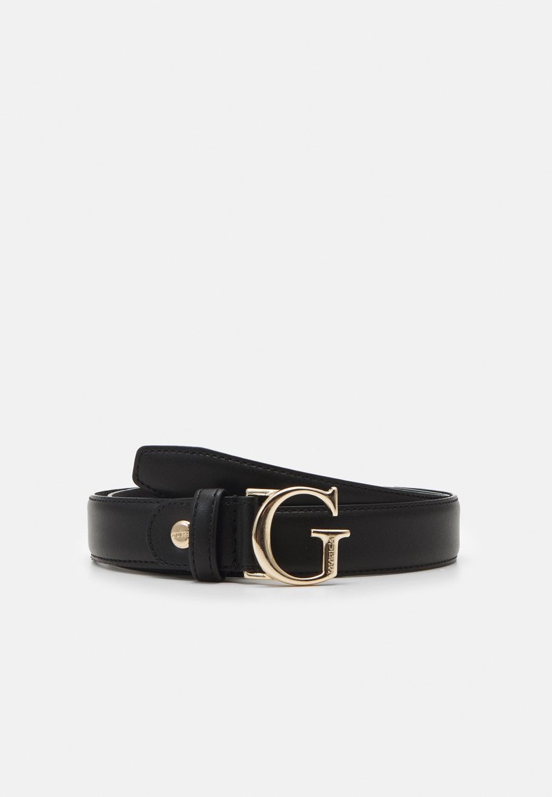 Ceinture en cuir noir avec une grande boucle dorée en forme de lettre G et un petit bouton doré sur la boucle de la sangle.