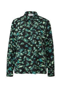 Black button-up shirt featuring a green and turquoise abstract pattern, long sleeves, and a classic collar. Smooth fabric texture.