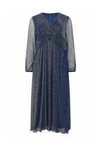 Granatowa sukienka z długimi przezroczystymi rękawami, skręconym detalem na przodzie oraz zwiewnym dołem z subtelnymi metalicznymi nitkami dla uzyskania tekstury.