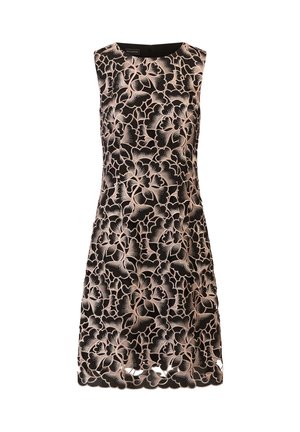 Abito nero senza maniche con sovrapposizione in pizzo floreale e orlo scalloppato. La texture è intricata con un leggero lucido in accenti rosa chiaro.