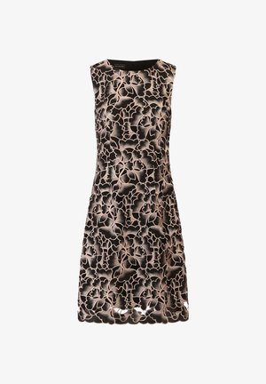 Zwart mouwloos elegante jurk met een bloemenkant overlay en een geschulpte zoom. De textuur is ingewikkeld met een subtiele glans in lichtroze accenten.