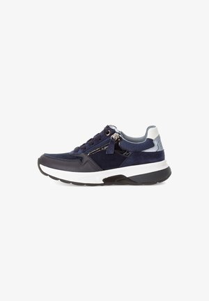 Navy suede and leather sneaker with mesh accents, white midsole, black outsole, and zipper detail on the outer side. Flat laces.