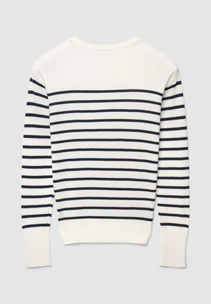 Leichter Strickpullover in Creme mit marineblauen horizontalen Streifen, mit rundem Ausschnitt und gerippten Bündchen für eine taillierte Passform.