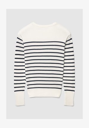 Leichter Strickpullover in Creme mit marineblauen horizontalen Streifen, mit rundem Ausschnitt und gerippten Bündchen für eine taillierte Passform.