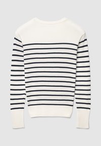 Maglione in maglia leggera color crema con righe orizzontali blu navy, caratterizzato da scollo rotondo e polsini a costine per una vestibilità aderente.