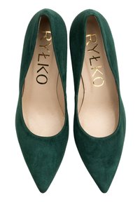 Zielone zamszowe szpilki z wydłużonym noskiem. Wnętrze zdobi złote napisy. Buty mają gładką teksturę i minimalistyczny kształt.