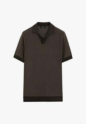 Kurzarm Strick-Poloshirt in Dunkelbraun mit strukturiertem Muster, Hemdkragen und schwarzem Besatz an Ärmeln und Saum.