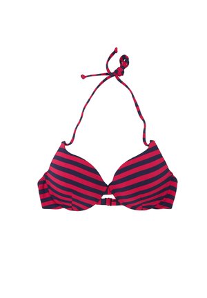 Czerwony i granatowy bikini top w paski z wyściełanymi miseczkami i regulowanym wiązaniem na szyi na białym tle.