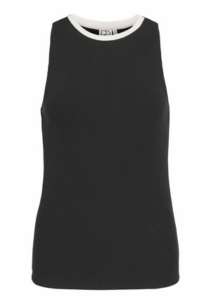 Ujjatlan, bordázott fekete trikó fehér, kerek nyakkivágással, testhez simuló szabással, látható minták vagy logók nélkül.