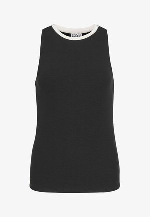 Ujjatlan, bordázott fekete trikó fehér, kerek nyakkivágással, testhez simuló szabással, látható minták vagy logók nélkül.