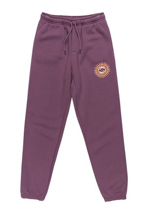 Pantalon de survêtement violet avec taille et poignets élastiques, cordon ajustable, et logo avec emblème du soleil sur la partie haute de la cuisse gauche.