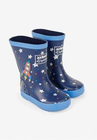 Stivali da pioggia in gomma blu decorati con stelle colorate e un design di razzo. Presentano una suola in gomma blu e un gambale blu uniforme.