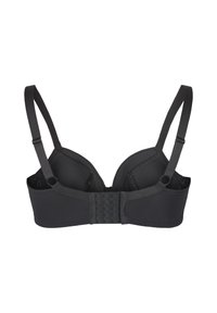 Soutien-gorge nero con coppe imbottite, spalline regolabili e chiusura con gancetto e asola sul retro. Materiale liscio con dettagli di cucitura sottili.