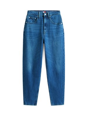 Blå denimjeans med rak bendesign, fem fickor, knapp- och dragkedjestängning samt lätt blekning för texturvariation.