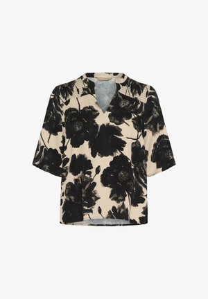 Bežasta bluzica s črnim cvetličnim potiskom, V-izrezom, rokavi do tri četrtine in nabranimi detajli na ramenih.