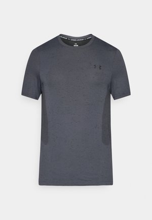 Mørkegrå atletisk t-skjorte med korte ermer, strukturlert overflate og rund hals. Har Under Armour-logo i svart på brystet.