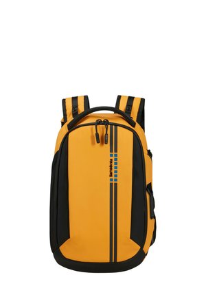 Yellow and black backpack with a streamlined design, featuring a top handle, adjustable straps, and decorative blue stripes on the front.