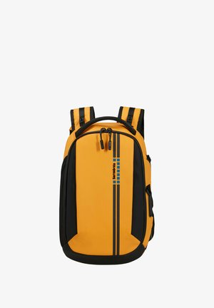 Yellow and black backpack with a streamlined design, featuring a top handle, adjustable straps, and decorative blue stripes on the front.
