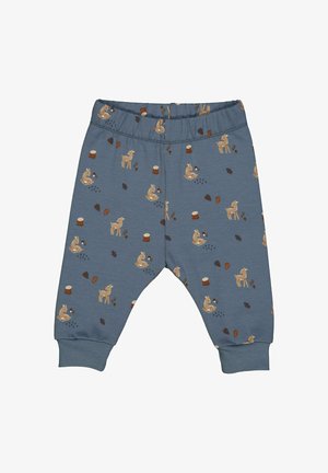 Pantaloni da pigiama in cotone azzurro chiaro con una stampa giocosa di animali e natura, dotati di una cintura elastica e polsini per il massimo comfort.