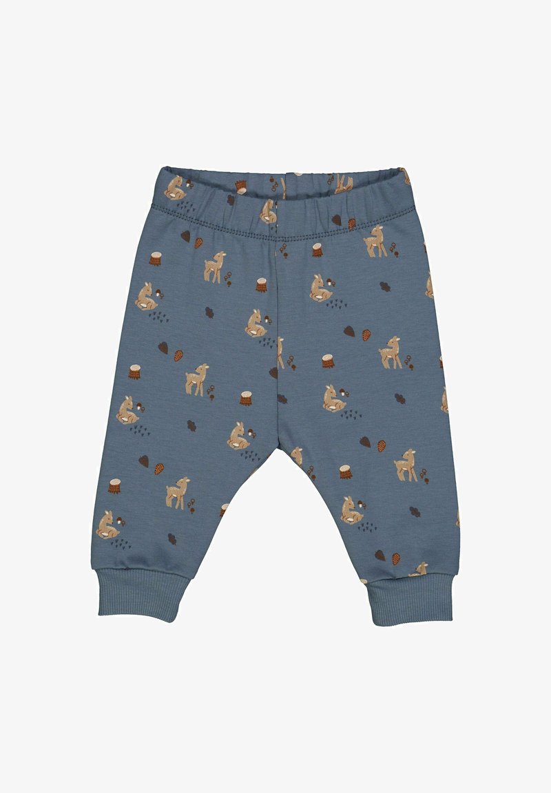 Light blue cotton pajama pants featuring a playful animal and nature print, with elastic waistband and cuffed ankles for comfort.