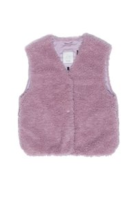 Flauschige pinkfarbene Weste mit einer strukturierten, weichen Außenseite, ärmellosem Design und Knopfverschluss vorne. Das Innere hat eine glatte Fütterung.