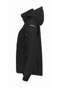 Black softshell jacket featuring a hood, side zip pockets, and red accents. Material appears smooth with an athletic fit and adjustable hem.