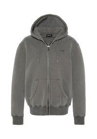 Grå zip-up hoodie med snørebånd i hætten, frontlommer og ribbede manchetter. Fremstillet af blødt stof med en afslappet pasform. Schott-logo på brystet.