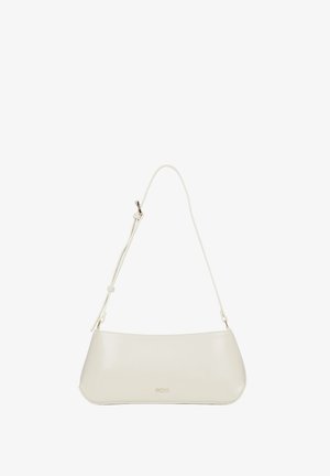 Geantă dreptunghiulară crem pentru umăr, cu curea ajustabilă și mic logo auriu „estro” în centrul părții din față.