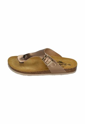 Bronze-colored flip-flop sandal featuring a synthetic strap with a buckle, textured footbed, and a cork-like midsole. Flat, open design.