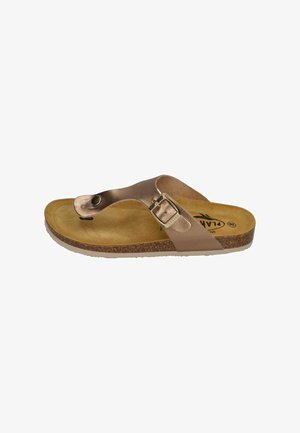 Bronze-colored flip-flop sandal featuring a synthetic strap with a buckle, textured footbed, and a cork-like midsole. Flat, open design.