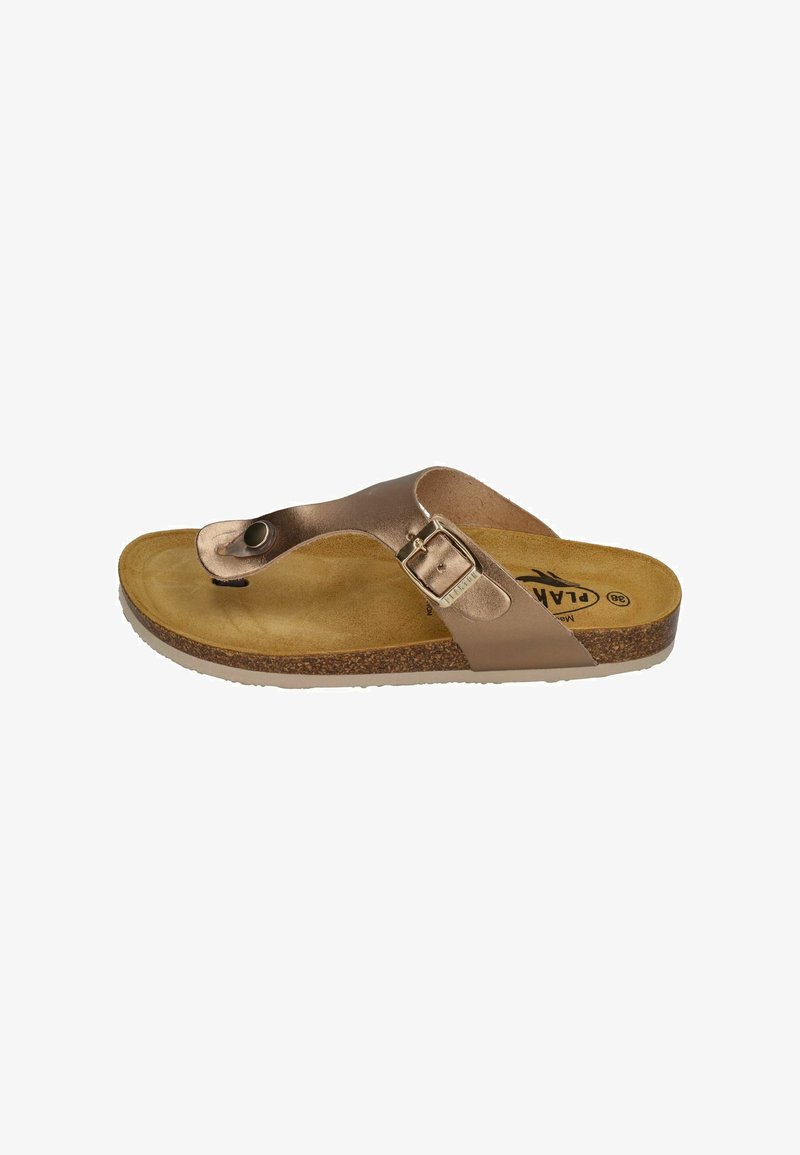 Bronze-colored flip-flop sandal featuring a synthetic strap with a buckle, textured footbed, and a cork-like midsole. Flat, open design.