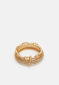 Gold ring featuring interconnected links, encrusted with clear crystals, smooth texture, and a prominent circular accent.