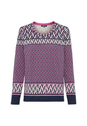 Pull à manches longues avec un col rond, arborant un motif de vagues coloré en rose, bleu marine et blanc, ainsi que des poignets et un ourlet contrastants.