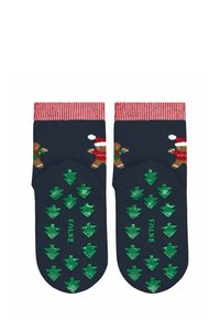Granatowe skarpetki z mankietem w czerwone paski, z wzorem piernika oraz zielonymi nakładkami w kształcie choinek na podeszwach.