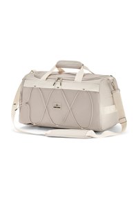 Borsa da viaggio beige con finitura testurizzata, dotata di una chiusura zip superiore, tasche laterali e un manico rinforzato con tracolla regolabile.
