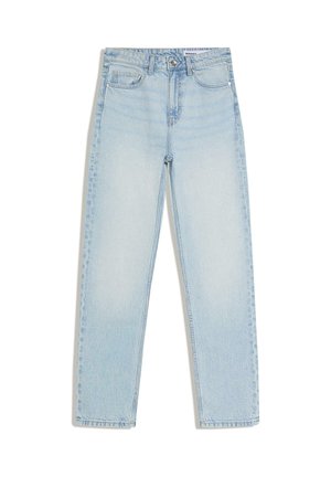 Jeans droits à taille haute de couleur bleu clair, avec bouton à l'avant, fermeture éclair et conception à cinq poches, posés à plat sur un fond blanc.