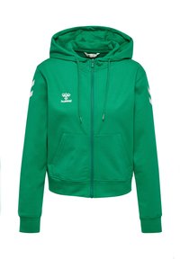 Grön zip-up-hoodie av mjukt tyg, med framficka, dragsko i huvan och vit logotyp samt detaljer på ärmarna.