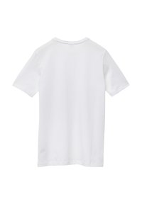 Witte katoenen t-shirt met korte mouwen, ronde hals en een eenvoudige uitstraling. De stof lijkt zacht met een gladde textuur en geen zichtbare patronen.